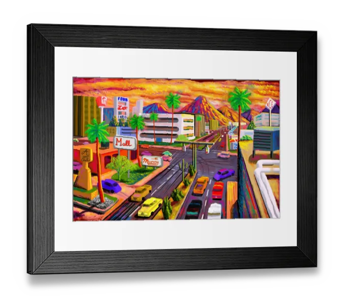 Framed Print : Busy Urban Road Sunset Illustration Framed Print : Busy Urban Road Sunset Illustration