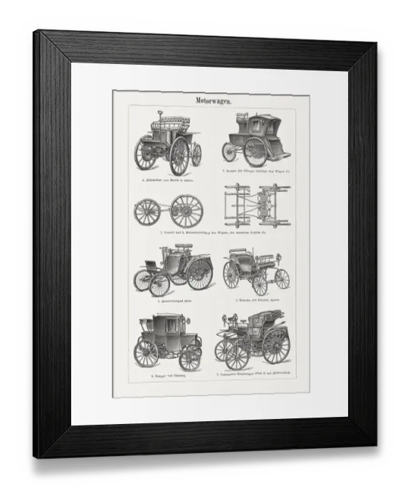 Framed Print : Historic automobiles, wood engravings, published in 1898 Framed Print : Historic automobiles, wood engravings, published in 1898