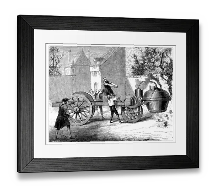 Framed Print : Antique illustration of scientific discoveries: Steam powered car Framed Print : Antique illustration of scientific discoveries: Steam powered car