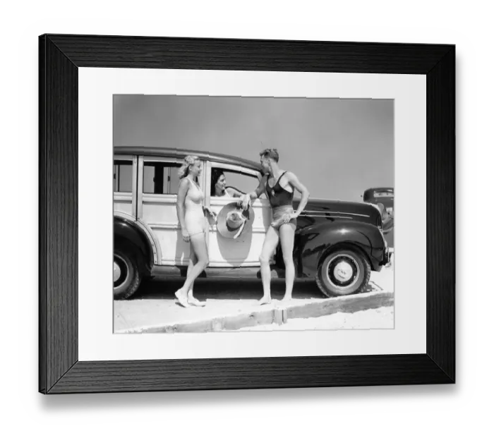 Framed Print : Men & Women In Bathing Suits In Front Of 1938 Ford Wood Body Station Wagon Automobile At Seashore Talking Framed Print : Men & Women In Bathing Suits In Front Of 1938 Ford Wood Body Station Wagon Automobile At Seashore Talking