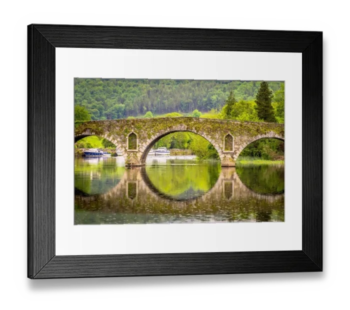 Framed Print : Beautiful Graiguenamanagh stone bridge with trees in the background on a rainy day, County Kilkenny, Ireland