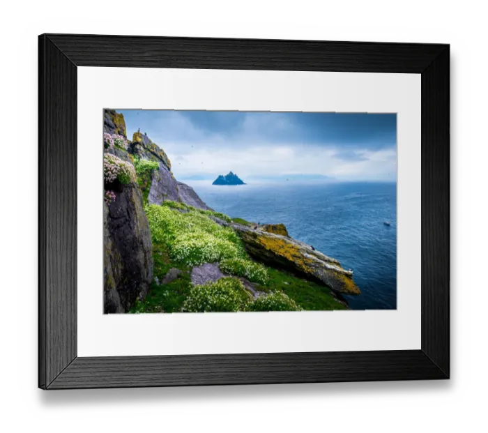 Framed Print : Skellig Islands, County Kerry, Munster Province, Ireland. View of Little Skellig from Skellig Michael island (Great Skelling) with lots of puffins