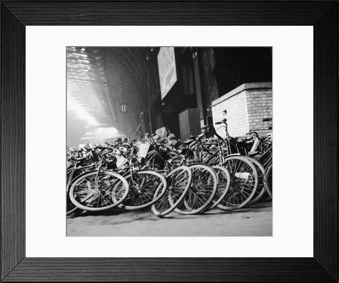 Framed Print : Bicycles. 1943: Bicycles at Waterloo Raiwayl station, London Framed Print : Bicycles. 1943: Bicycles at Waterloo Raiwayl station, London