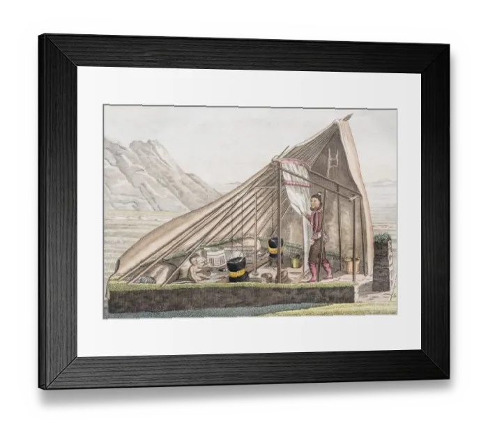 Framed Print : Summer tent of the Greenlanders, hand-colored copper engraving from Friedrich Justin Framed Print : Summer tent of the Greenlanders, hand-colored copper engraving from Friedrich Justin