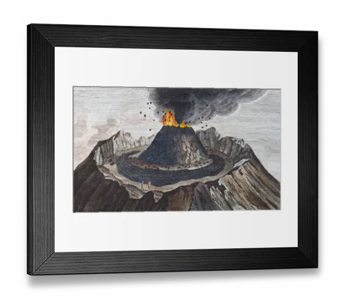 Framed Print : Active volcano Vesuvius, hand-coloured copperplate engraving from Friedrich Justin Framed Print : Active volcano Vesuvius, hand-coloured copperplate engraving from Friedrich Justin