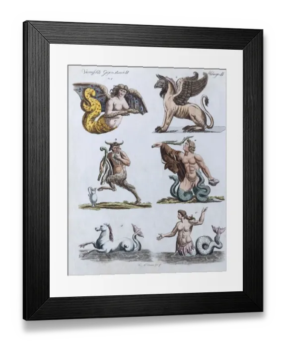 Framed Print : Fabulous animals, hand-colored copper engraving from Friedrich Justin Bertuch Picture