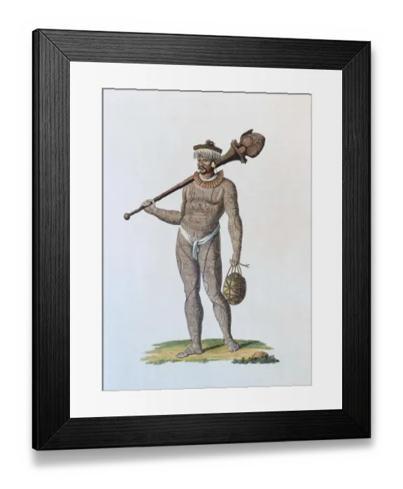 Framed Print : Tattooed Nukahi warrior with club and gourd, handcoloured copper engravings from picture