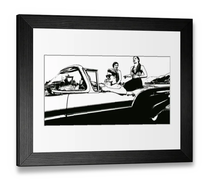 Framed Print : Retro 1950s Friends Driving in Vintage Car