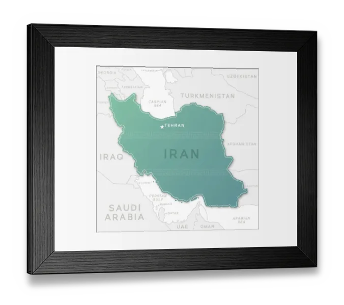Framed Print : Iran Map. Map of Iran showing surrounding countries and bodies of water Framed Print : Iran Map. Map of Iran showing surrounding countries and bodies of water