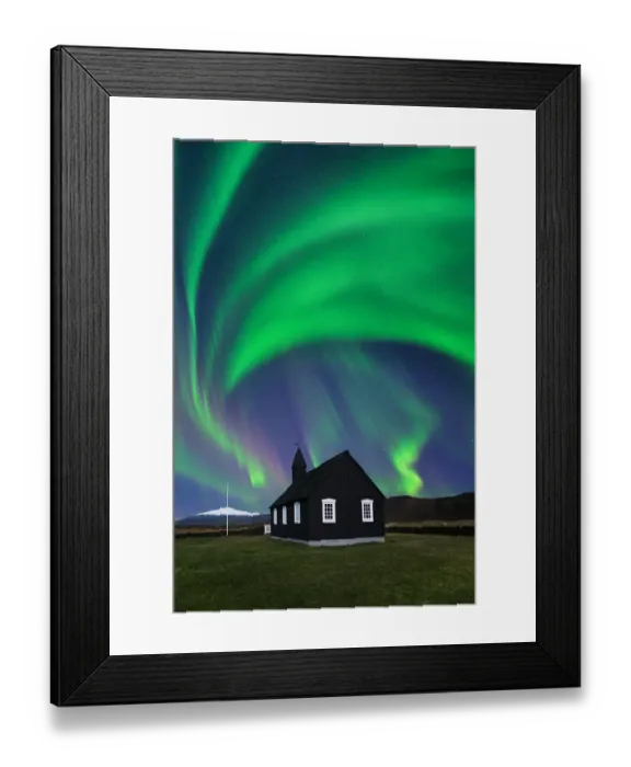 Framed Print : Northern Light in Black church, Buoir, Snaefellsnes Peninsula Framed Print : Northern Light in Black church, Buoir, Snaefellsnes Peninsula