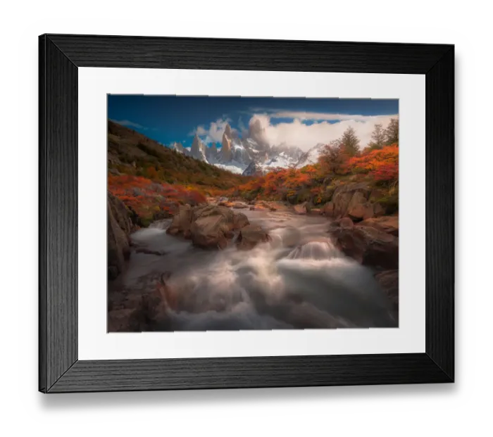 Framed Print : Autumn view of cascade in Patagonia with Mount Fitzroy background Framed Print : Autumn view of cascade in Patagonia with Mount Fitzroy background