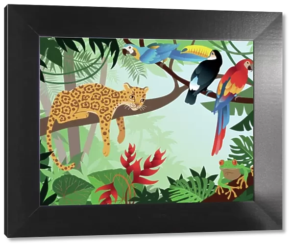 A cartoon jungle design with leopard, parrot, and Toucan