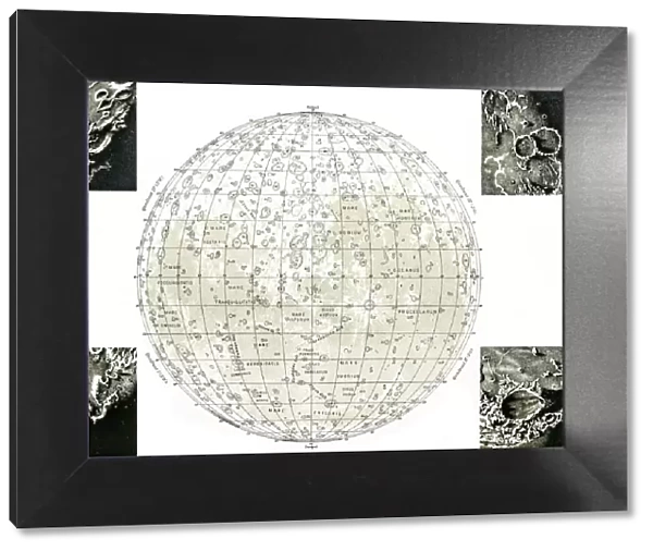 Lunar Map. Antique map of the Moon with photos isolated on white