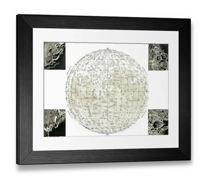 Framed Print : Lunar Map. Antique map of the Moon with photos isolated on white Framed Print : Lunar Map. Antique map of the Moon with photos isolated on white