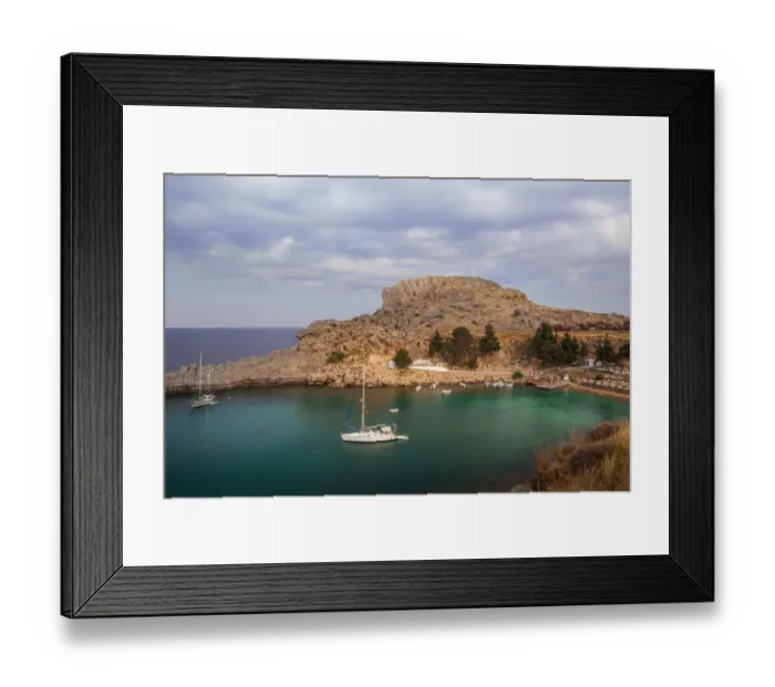 Framed Print : Green bay and its beach near the village of Lindos on Rhodos Island, Greece Framed Print : Green bay and its beach near the village of Lindos on Rhodos Island, Greece