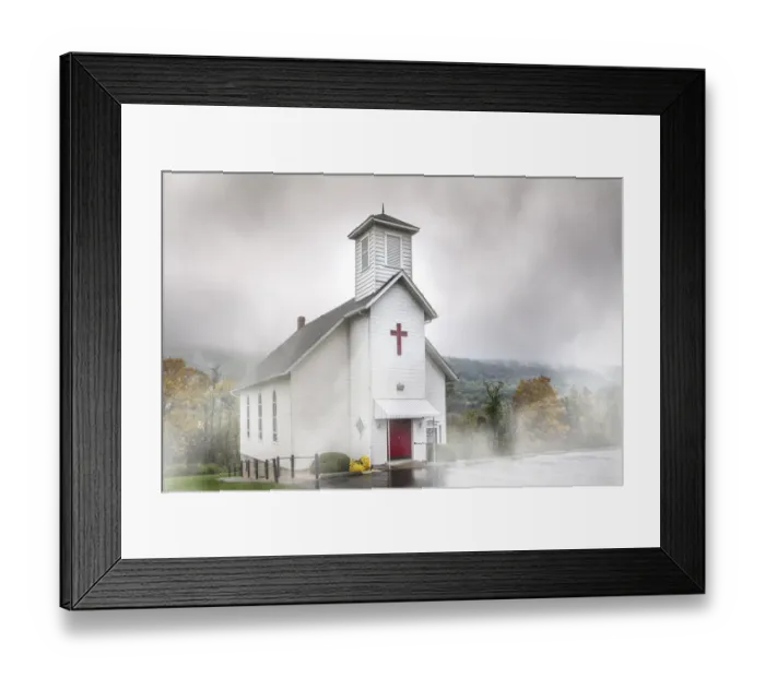 Framed Print : White church in the misty mountains