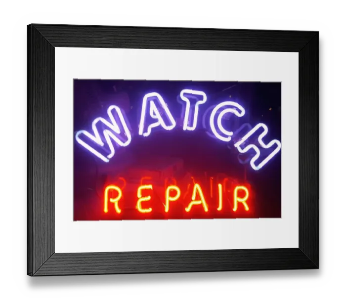 Framed Print : Store sign of watch repair shop in New York City, USA