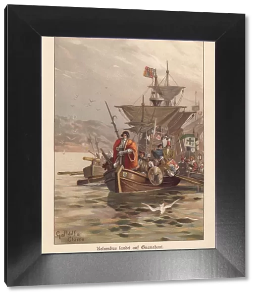 Columbus discovers America, lithograph, published around 1895