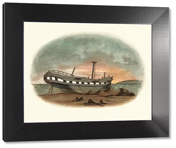 Traditional Hulk Ship, Grounded on shore, 19th Century