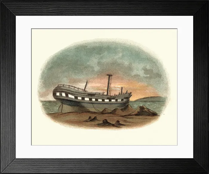Framed Print : Traditional Hulk Ship, Grounded on shore, 19th Century Framed Print : Traditional Hulk Ship, Grounded on shore, 19th Century