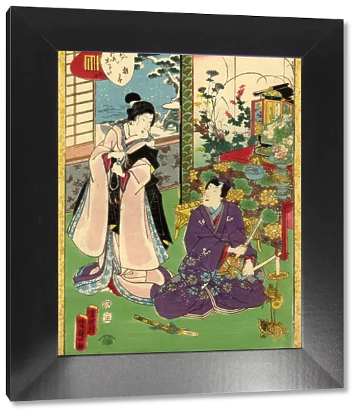 Traditional Japanese Woodblock of a couple in room