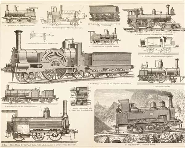 Antique locomotive and steam trains 1885