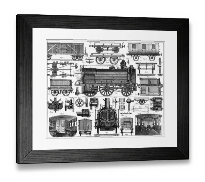 Framed Print : Locomotives and Railway Cars Engraving