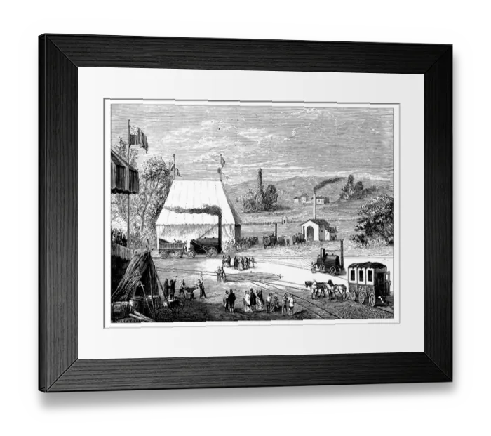 Framed Print : Antique illustration of scientific discoveries: Steam power locomotive