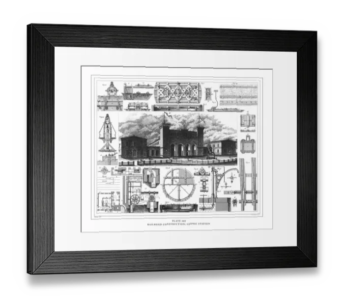 Framed Print : Railroad Construction; Leipsic Station Engraving Antique Illustration, Published 1851 Framed Print : Railroad Construction; Leipsic Station Engraving Antique Illustration, Published 1851