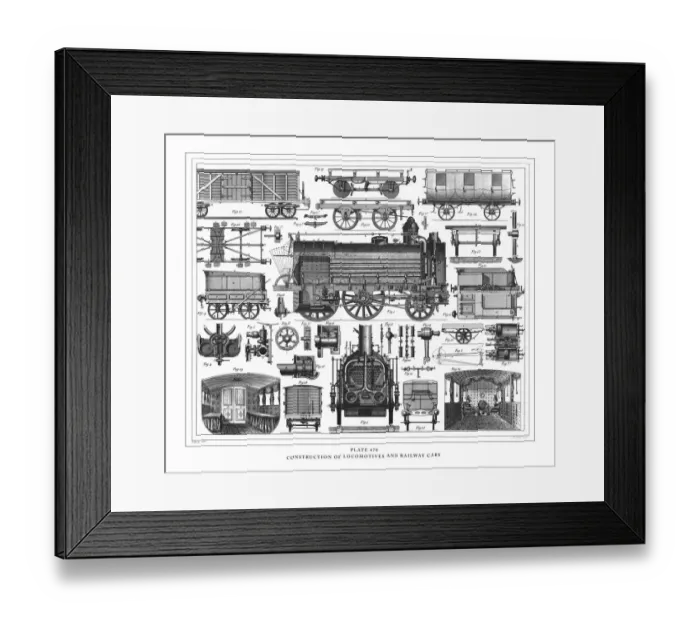 Framed Print : Construction of Locomotives and Railway Cars Engraving Antique Illustration, Published Framed Print : Construction of Locomotives and Railway Cars Engraving Antique Illustration, Published
