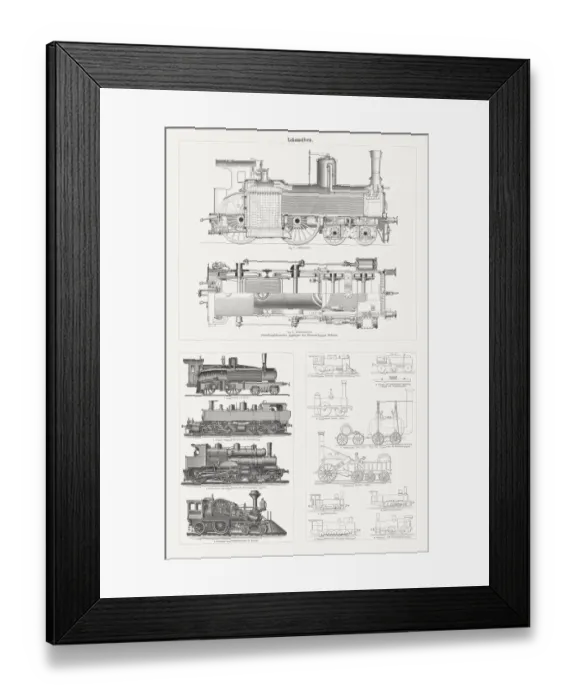 Framed Print : Steam locomotives from the 19th century, wood engravings, published 1897 Framed Print : Steam locomotives from the 19th century, wood engravings, published 1897
