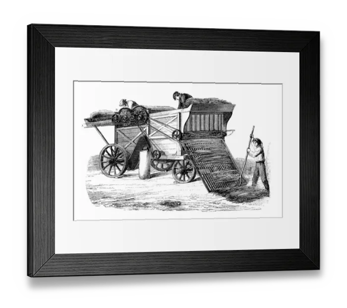 Framed Print : Antique illustration of scientific discoveries: Steam power agriculture machinery Framed Print : Antique illustration of scientific discoveries: Steam power agriculture machinery
