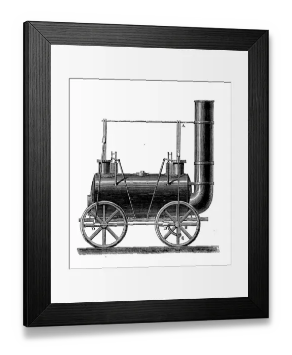 Framed Print : Antique illustration of scientific discoveries: Steam power locomotive
