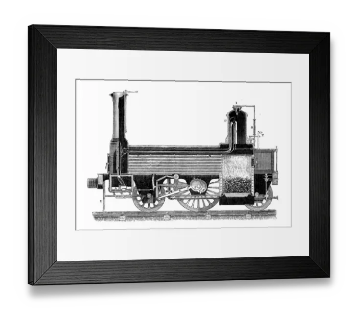 Framed Print : Antique illustration of scientific discoveries: Steam power locomotive