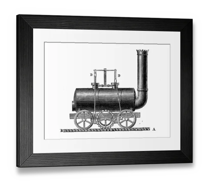 Framed Print : Antique illustration of scientific discoveries: Steam power locomotive Framed Print : Antique illustration of scientific discoveries: Steam power locomotive