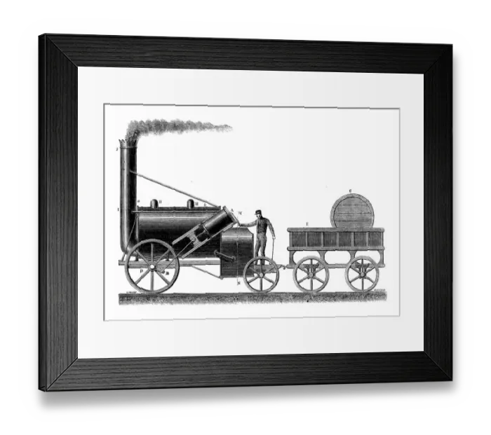 Framed Print : Antique illustration of scientific discoveries: Steam power locomotive