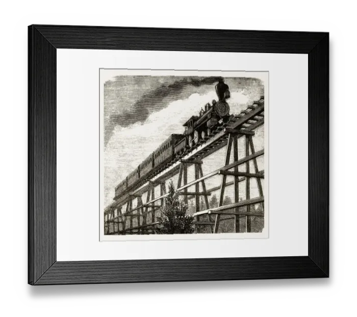 Framed Print : Locomotive Crossing a Tressel Bridge, Pan Pacific Railway Engraving, 1877 Framed Print : Locomotive Crossing a Tressel Bridge, Pan Pacific Railway Engraving, 1877