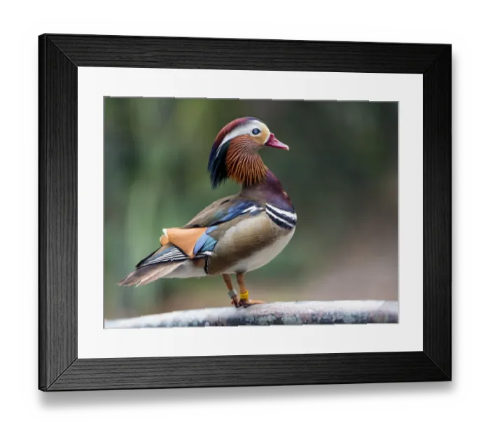 Framed Print : Mandarin duck standing on a handrail Framed Print : Mandarin duck standing on a handrail