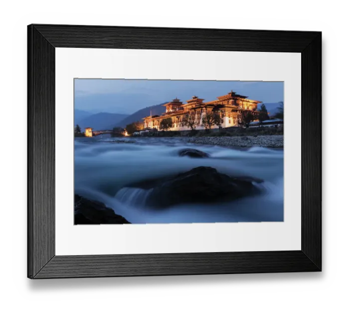 Framed Print : River and illuminated buildings, Punakha, Punakha District, Bhutan
