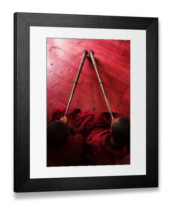 Framed Print : Bhutan, Jakar, two monks playing horns, elevated view Framed Print : Bhutan, Jakar, two monks playing horns, elevated view