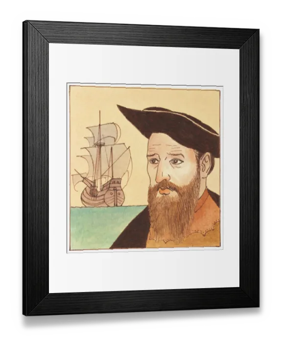 Framed Print : Illustration of portrait of Vasco da Gama with ship in background Framed Print : Illustration of portrait of Vasco da Gama with ship in background