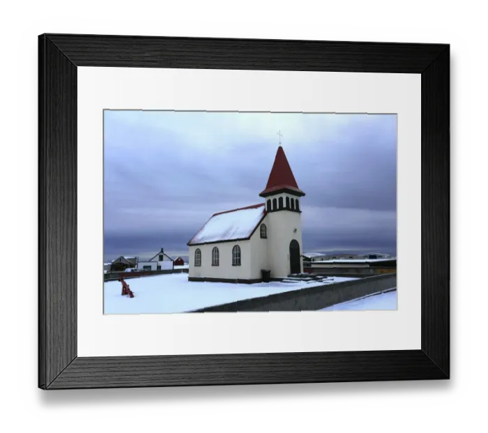Framed Print : Winter snow, GrindavAik village church Framed Print : Winter snow, GrindavAik village church