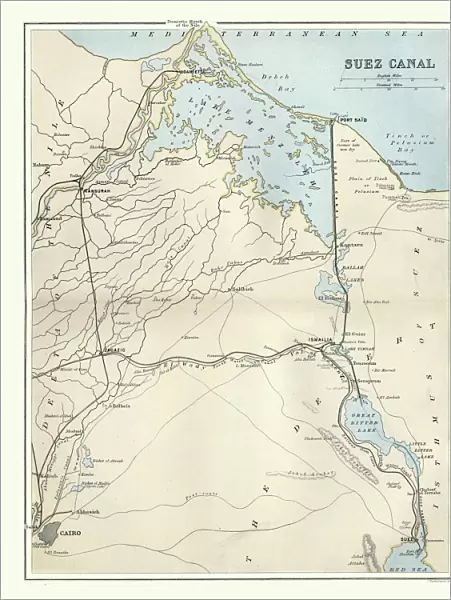 Antique map of Suez Canal, Egypt, 1880s, 19th Century