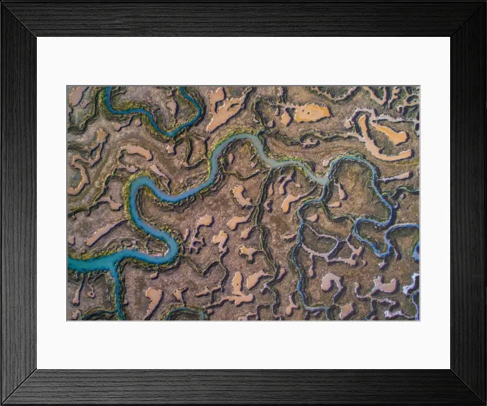 Framed Print : Abstract drone image of marshlands at low tide, England, United Kingdom Framed Print : Abstract drone image of marshlands at low tide, England, United Kingdom