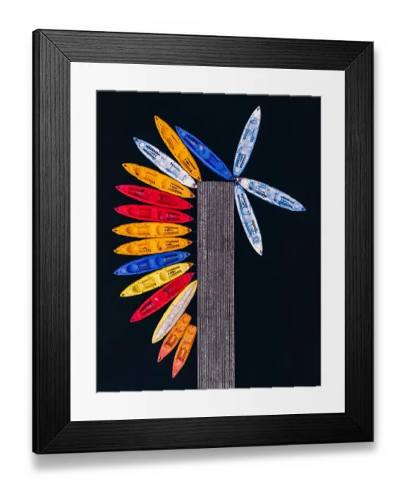 Framed Print : Drone shot of colourful, moored kayaks, Zaragoza, Spain