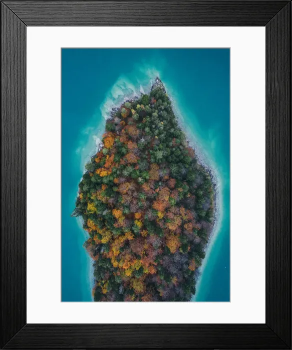 Framed Print : Autumn tree colours at edge of lake Walchensee island, Germany Framed Print : Autumn tree colours at edge of lake Walchensee island, Germany