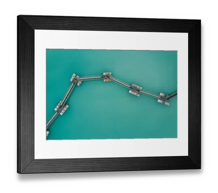 Framed Print : Zigzag shaped barrier floating on alpine lake water, Germany Framed Print : Zigzag shaped barrier floating on alpine lake water, Germany