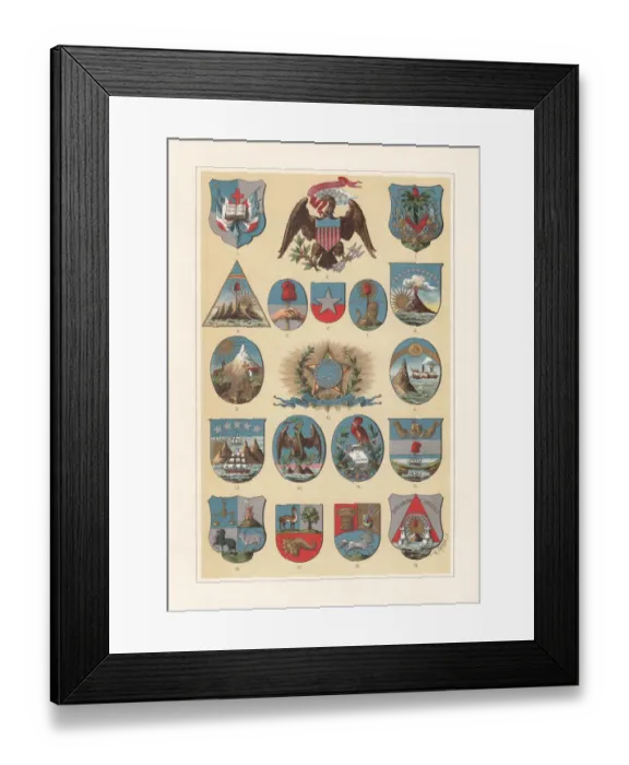 Framed Print : Coat of arms of American countries, lithograph, published 1897 Framed Print : Coat of arms of American countries, lithograph, published 1897