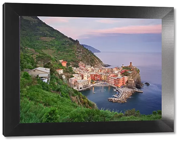 Oceanside town at sunset, Vernazza, Italy