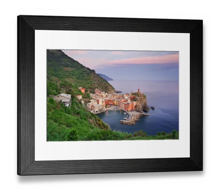 Framed Print : Oceanside town at sunset, Vernazza, Italy Framed Print : Oceanside town at sunset, Vernazza, Italy